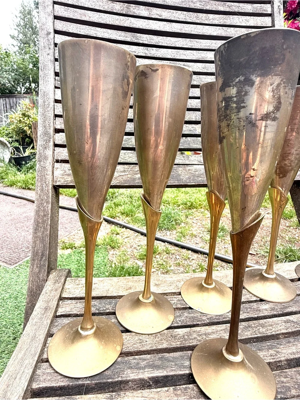 Vintage Six Solid Long Stem Tulip Silver Plate & Brass Champagne Flutes, India